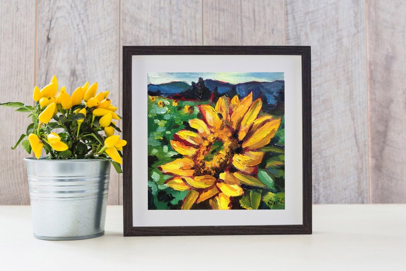 Sunflower Painting Floral Original Art Flowers Oil Painting Small Artwork - 海報/掛畫/掛布 - 其他材質 多色