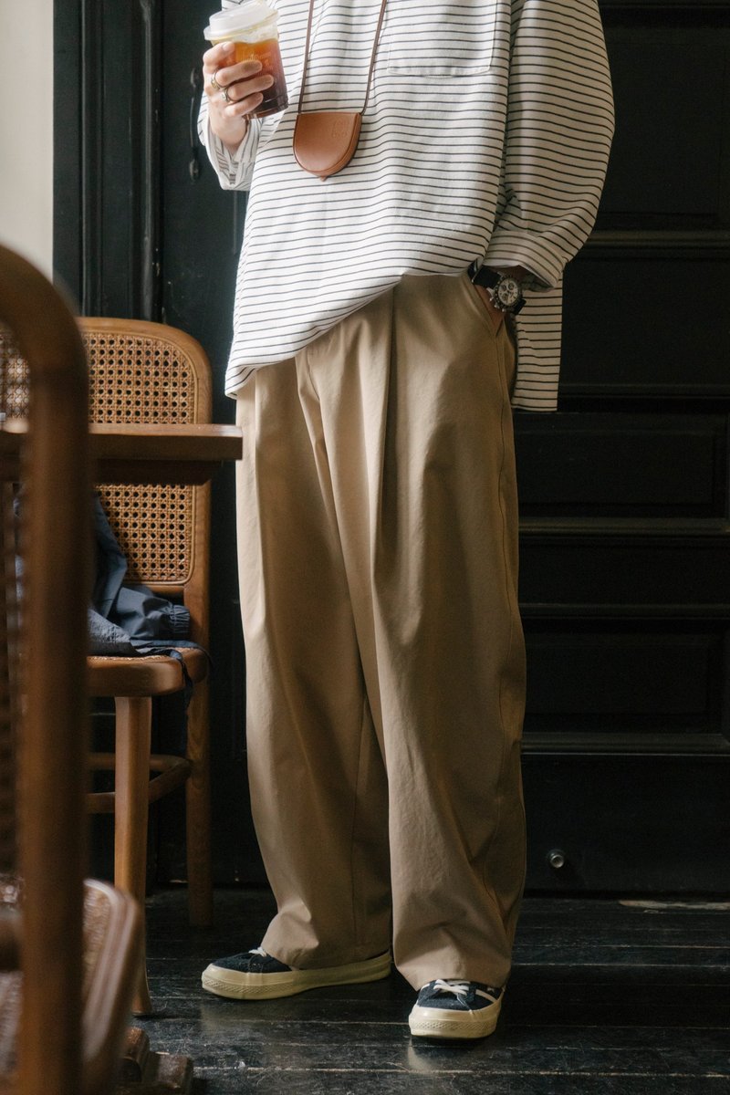 高級感美式通勤彎刀西褲男女寬松闊腿褲簡約百搭休閒褲 - 男長褲/休閒褲 - 其他材質 