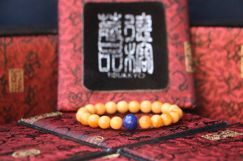 原礦緬甸黃玉手珠 8mm 玉石 青金石隔珠 珠寶設計 蜜蠟色 手鏈 - 手鍊/手環 - 玉石 