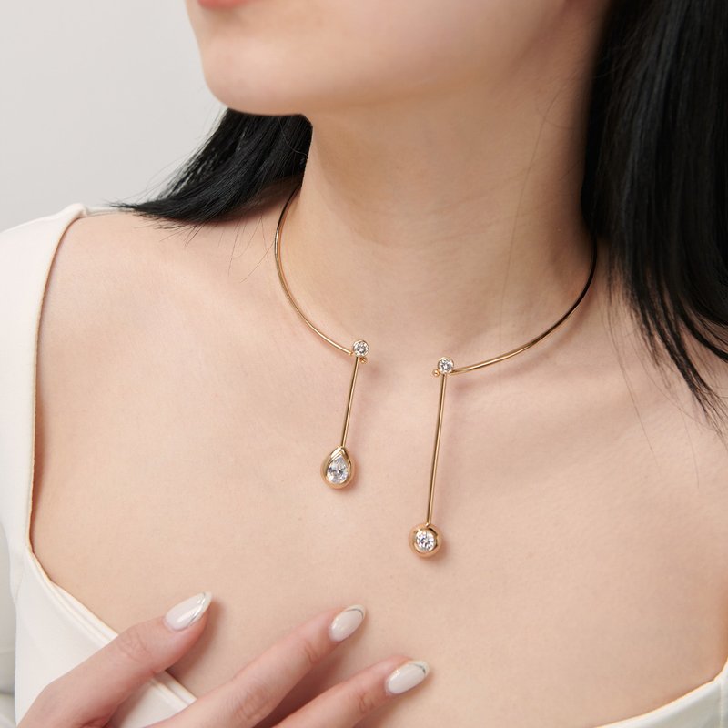 閃耀雙鑽造型頸環(共2色) 設計師款/秀場款/時尚 - 項鍊 - 銅/黃銅 銀色