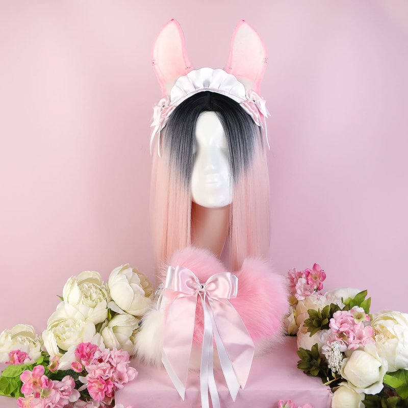 Pink Maid Bunny Ears and Tail Set - เครื่องประดับผม - ไฟเบอร์อื่นๆ สึชมพู