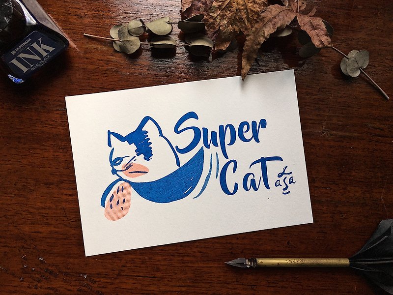 Super Cat 貓超人孔版印刷明信片 Risograph postcard - 心意卡/卡片 - 紙 白色
