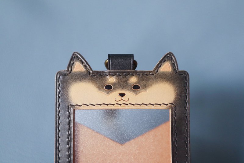 Black Shiba Inu genuine leather ID holder/identification card holder with lanyard retractable customized gift - ที่ใส่บัตรคล้องคอ - หนังแท้ สีดำ