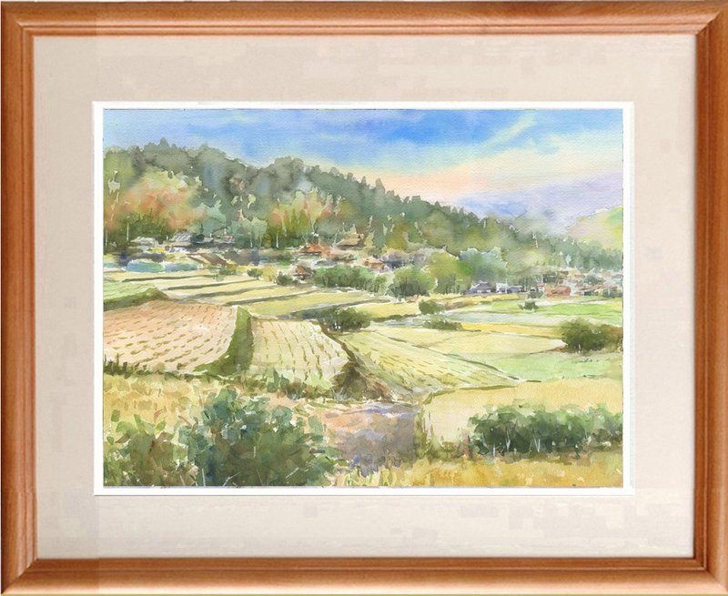 Made to order Watercolor original painting Autumn rice terraces in Japan - โปสเตอร์ - กระดาษ สีเขียว