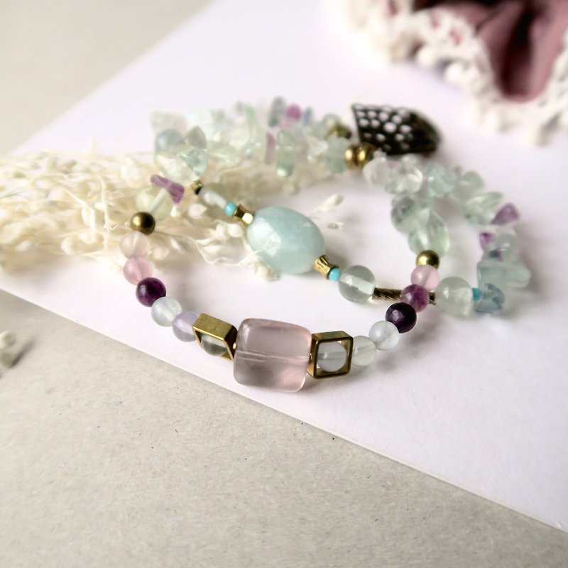 Small call [spiritual • small hand-made] blue-green purple color fluorite. Tianhe stone. brass natural crystal stone beaded two-circle bracelet gift - Bracelets - Gemstone Green