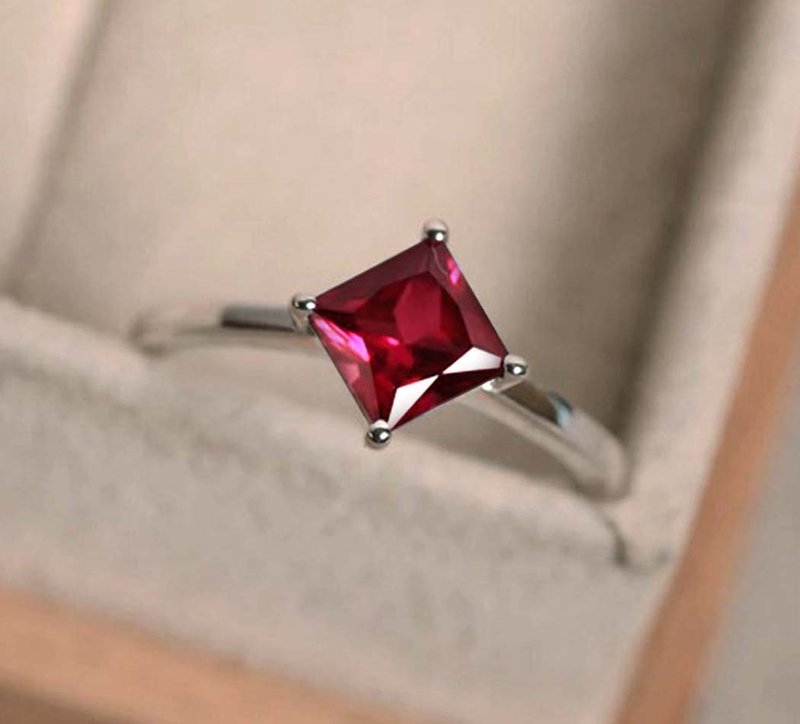 7.5 mm. Natural ruby ring silver sterling size 7.0 free resize / Square - 戒指 - 純銀 紅色