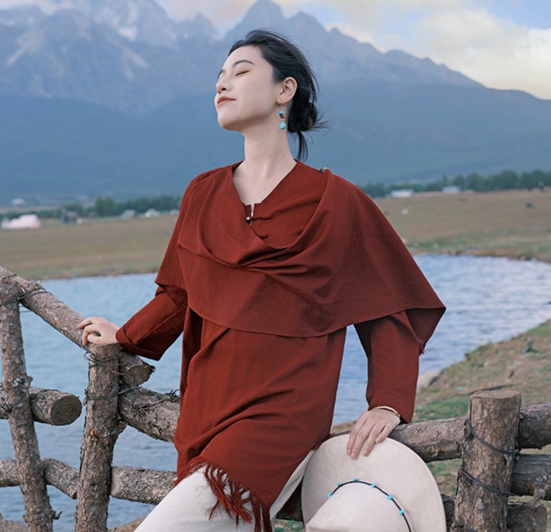 【甘丹】藝術化藏風/藏族元素/流蘇披肩連衣裙 - 洋裝/連身裙 - 其他材質 紅色