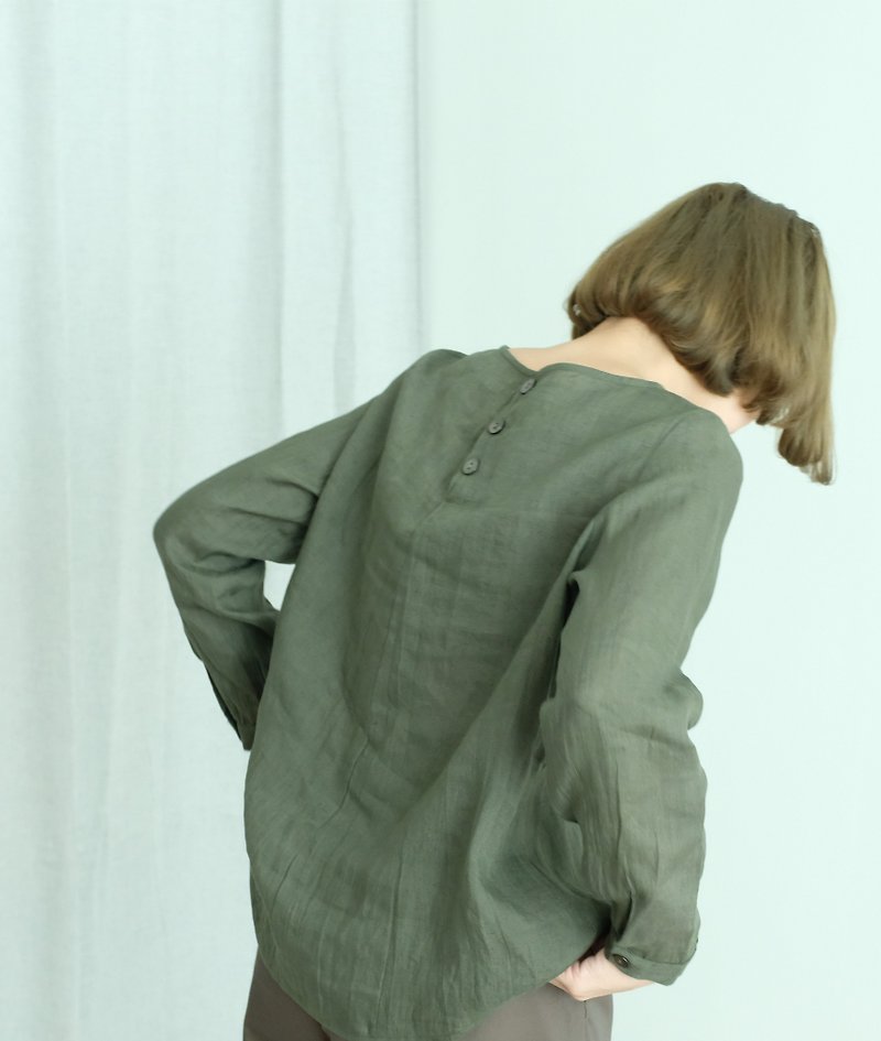 Kate set - Dark green, Long sleeve linen top with high waisted shorts - Women's Tops - Cotton & Hemp Green