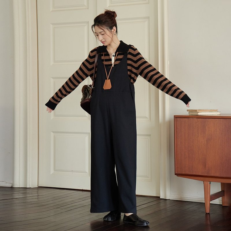 Black overalls|Pants|Autumn style|Sora-1612 - จัมพ์สูท - ผ้าฝ้าย/ผ้าลินิน สีดำ