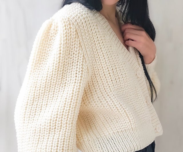 & Other Stories Short Puff Sleeve Crop Cardigan Ribbed Knit sold Sweater Cream Small