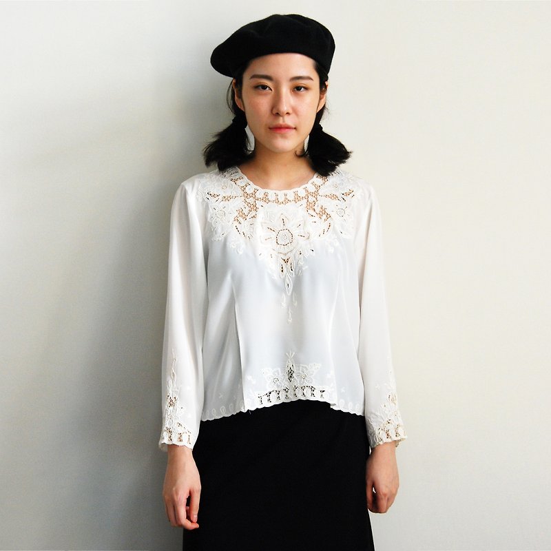 Pumpkin Vintage. Ancient hollow chiffon white shirt - Women's Shirts - Polyester 