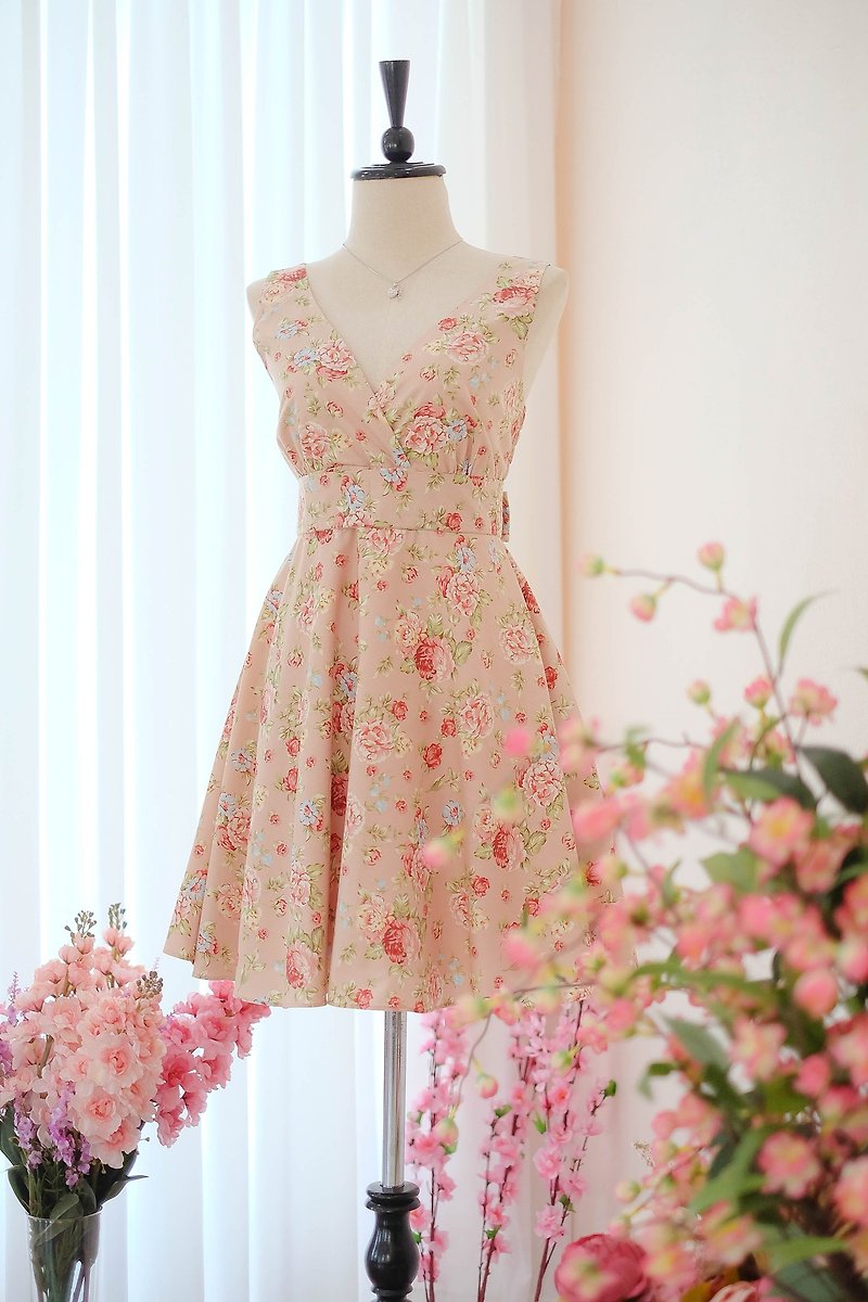 Cutie Pink Floral Sundress Spring Summer Tea Dress Vintage Inspired - ชุดเดรส - ผ้าฝ้าย/ผ้าลินิน สึชมพู