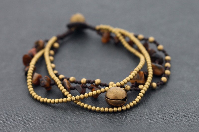 Tiger Eye Chain Layer Bracelets Brass Cord Woven Braided - สร้อยข้อมือ - หิน สีทอง