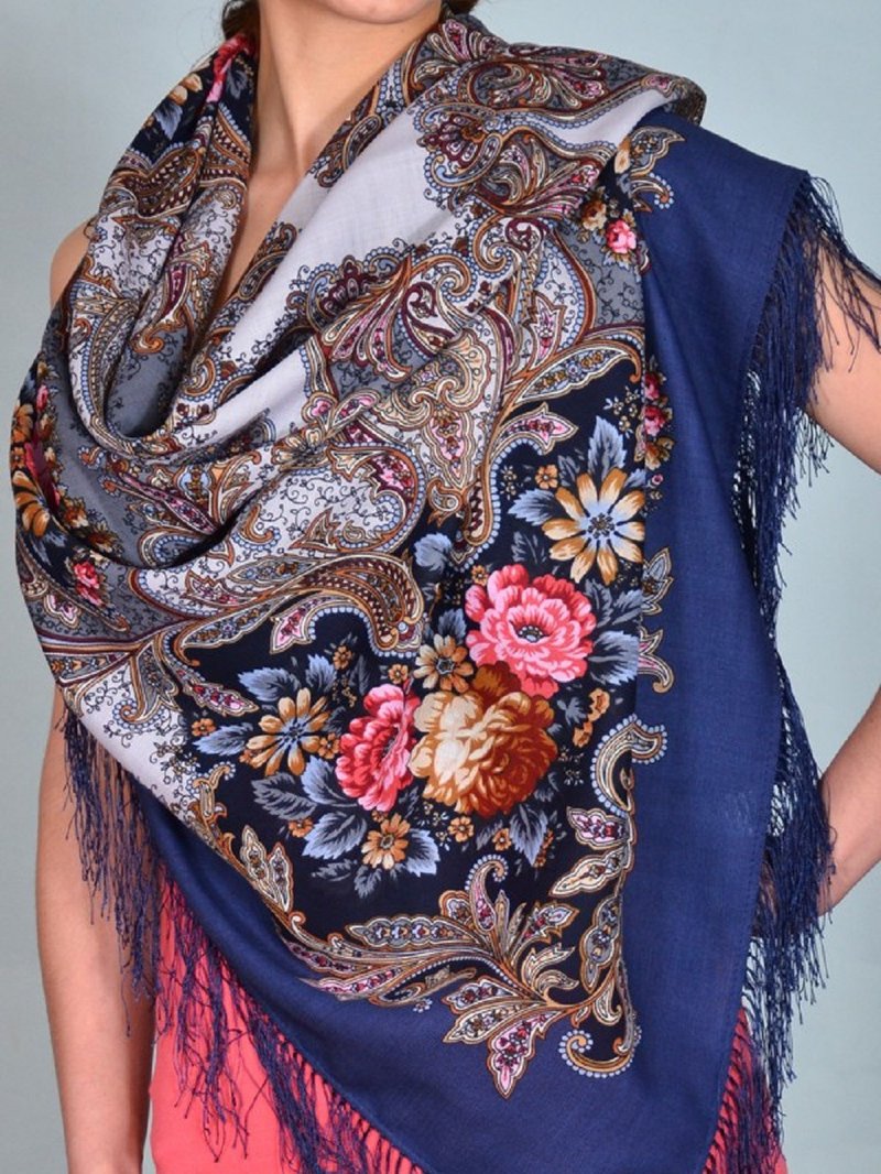 Pavlovo Posad Russian Shawl 100% Wool Scarf 125x125 cm Wrap Silk Fringe 1463-12 - Knit Scarves & Wraps - Wool Blue