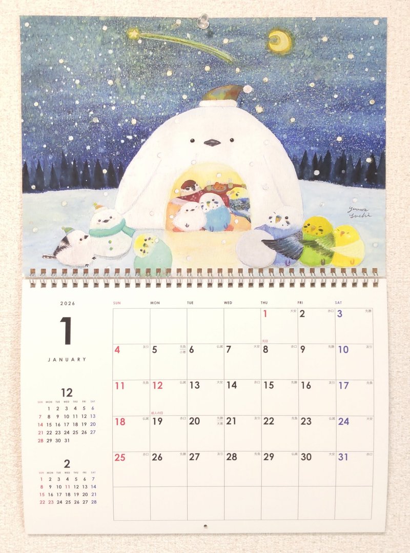 日本仕様のカレンダー  2026年1月始まり鳥さんカレンダー - 日曆/月曆/年曆 - 紙 粉紅色