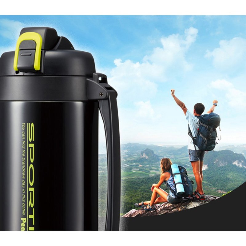 [Peacock] 2.1L Large-capacity Bullet Cap Thermal Insulation Water Bottle (with Strap)-Sports Mountaineering - กระบอกน้ำร้อน - สแตนเลส สีดำ
