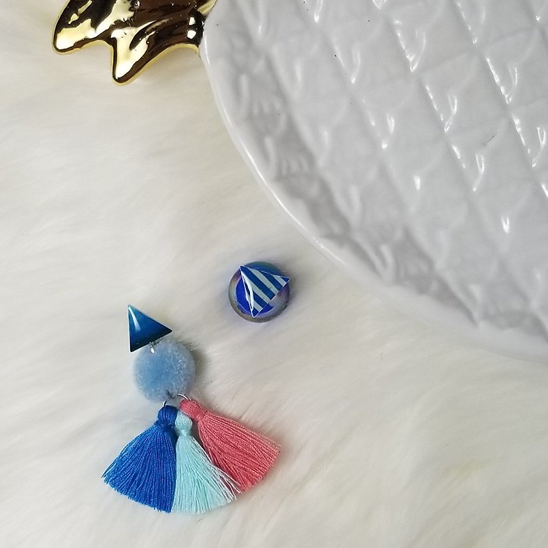Little triangle with fringe (Blue) - Earrings & Clip-ons - Sterling Silver Blue