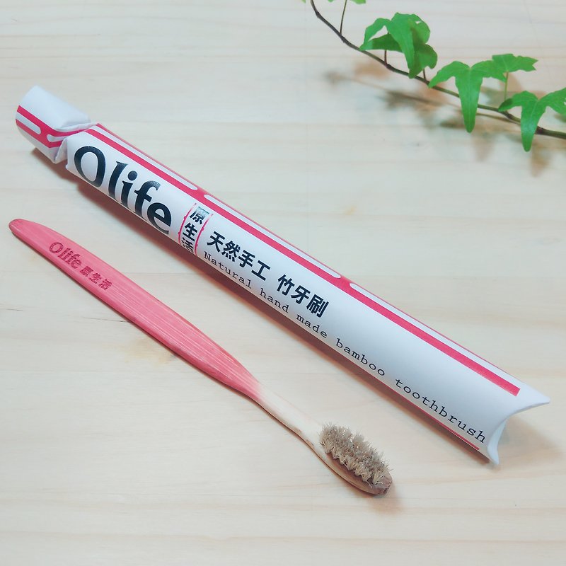 Olife original natural handmade bamboo toothbrush [Moderate soft white horse wool gradient] - Other - Bamboo Red