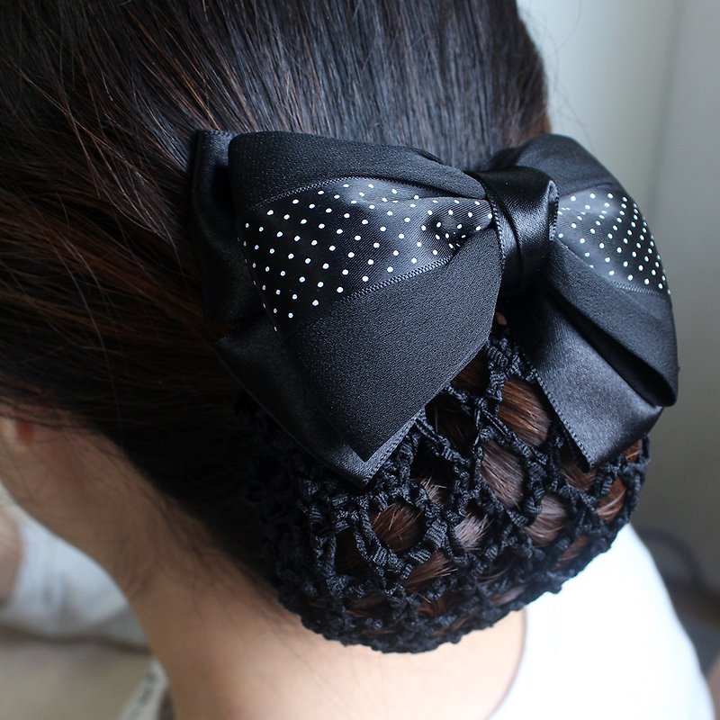 Black dot Ribbon Bow black  Hair Bun Net  Cover Barrette - Hair Accessories - Other Materials Black