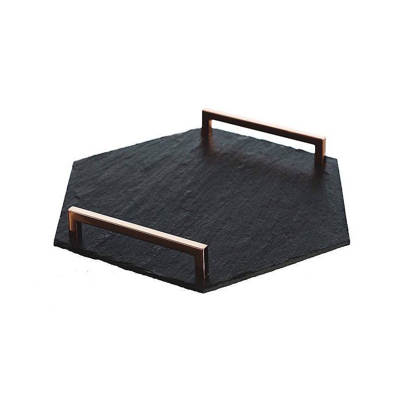 British Selbrae House Bronze color natural black slate handle hexagonal cutting board / tray - ถาดเสิร์ฟ - หิน สีดำ