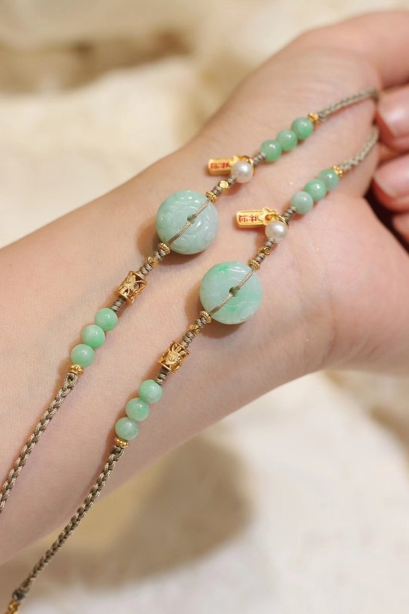 Natural jade peace buckle hand-woven bracelet jade back pattern peace buckle hand- kumihimo Chinese style all-match good luck - สร้อยข้อมือ - หยก 