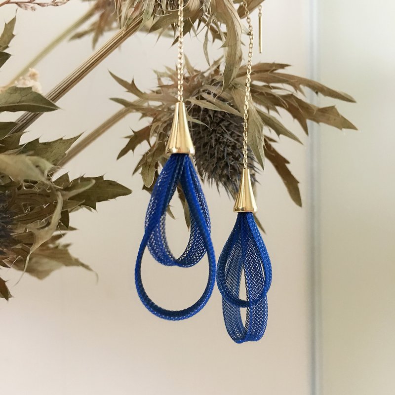 French handmade nylon ribbon earrings_sapphire blue - Earrings & Clip-ons - Polyester Blue