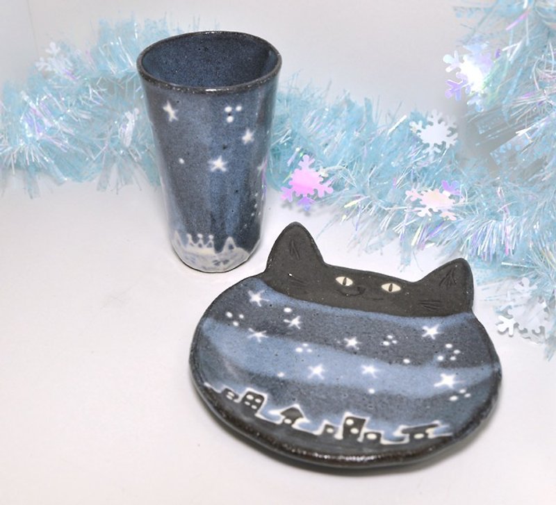 星と街の猫皿と星猫タンブラーのセット - 花瓶/花器 - 陶 藍色
