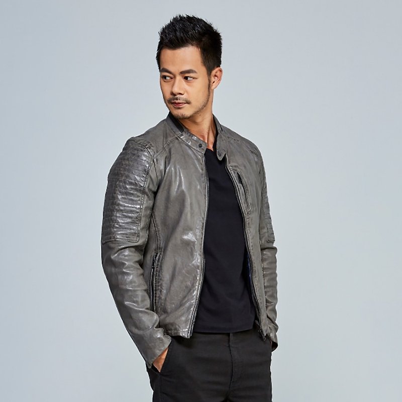 [Germany GIPSY] G2MEmrys SF contrasting zipper stretch slim sheepskin jacket | light iron gray - Men's Coats & Jackets - Genuine Leather Gray