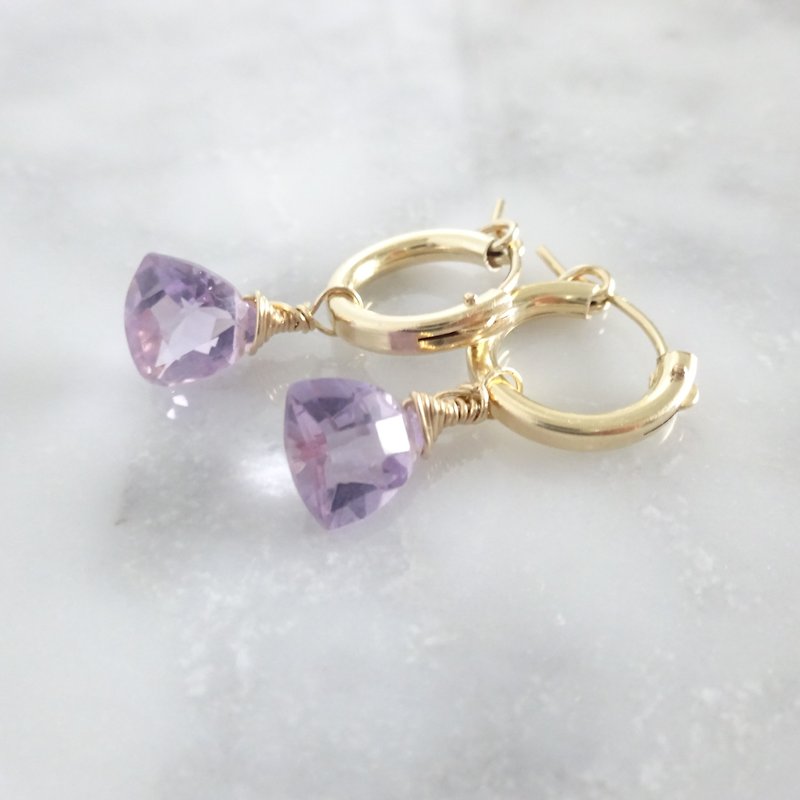 14kgf*宝石質 Pink Amethyst Triangl pierced earring /earring - Earrings & Clip-ons - Gemstone Purple