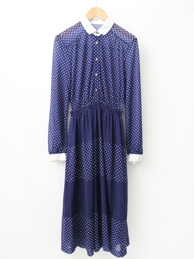 [RE0322D1009] simple retro classic little stitching collar long-sleeved dark blue vintage dress Spring - One Piece Dresses - Polyester Blue