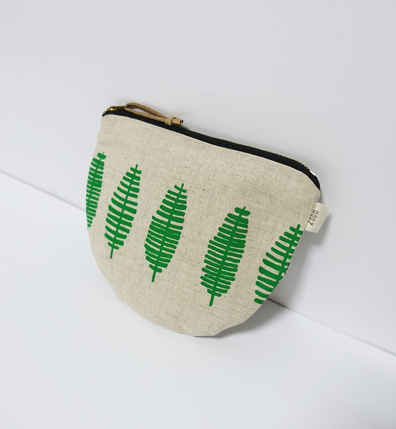 手工絹印 化妝包 雜物包  植物系列 蕨葉 - 化妝包/收納袋 - 棉．麻 綠色