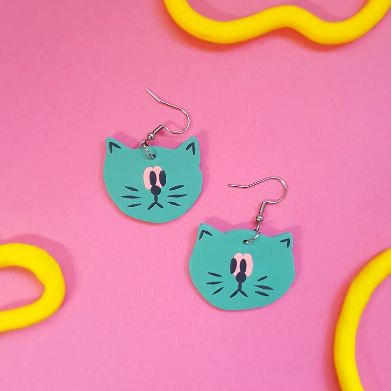 Other Materials Earrings & Clip-ons Multicolor - ㄎㄧㄤ series earrings - meow meow eyes look at each other cat blue and Teal cute (can change the Clip-On