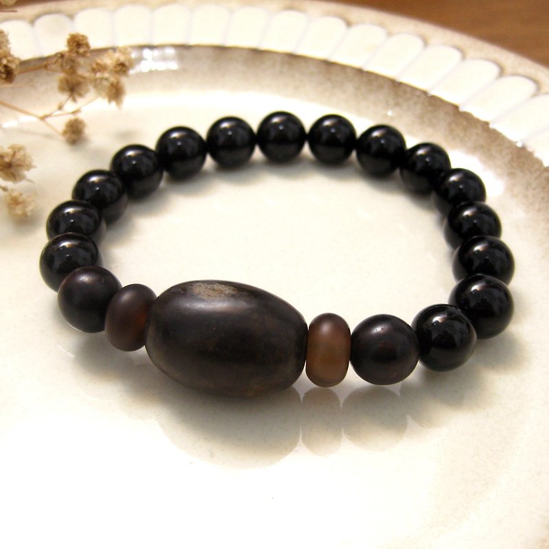 Bead string design bracelet Taiwan flower rice cake jade + black agate + rosewood + obsidian / matte surface can be raised / - Bracelets - Jade Brown