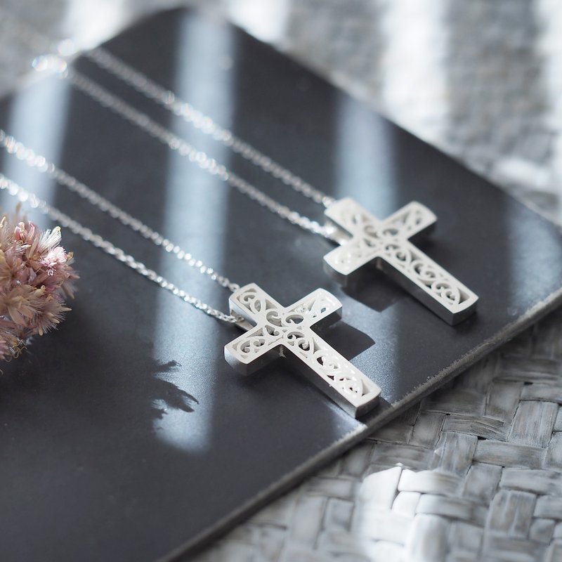 2 pieces set) arabesque cross pair necklace Silver 925 - สร้อยคอ - โลหะ สีเงิน