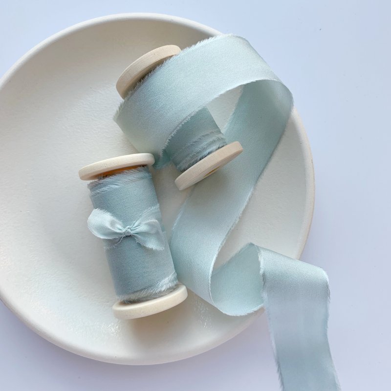 Mint Blue Silk Ribbon / Hand Dyed Silk ribbon on Wood Spool - 包裝材料/包裝紙 - 絲．絹 藍色