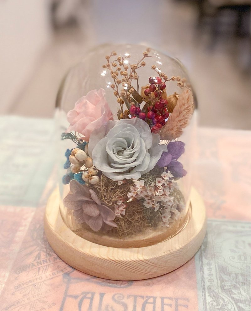 永生花玻璃盅 夜燈 永生玫瑰 原木槽燈 防塵罩 情人節 禮物 - 乾燥花/永生花 - 玻璃 粉紅色