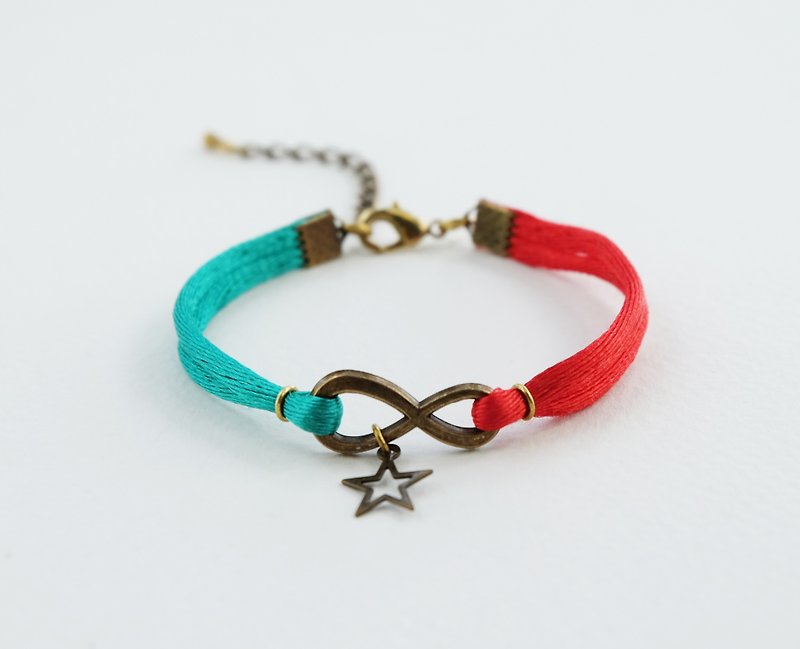 Red/green mint rope with brass Infinity and star bracelet - สร้อยข้อมือ - วัสดุอื่นๆ สีเขียว