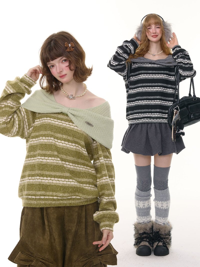 ziziFei秋冬季美式復古設計感立體蝴蝶結寬松顯瘦上衣針織毛衣女 - 女毛衣/針織衫 - 其他材質 