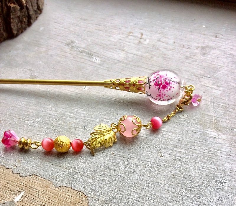 Meow Handmade~Inner Painted Glazed Plum Hairpin (Pink Plum) - Hair Accessories - Other Materials Pink