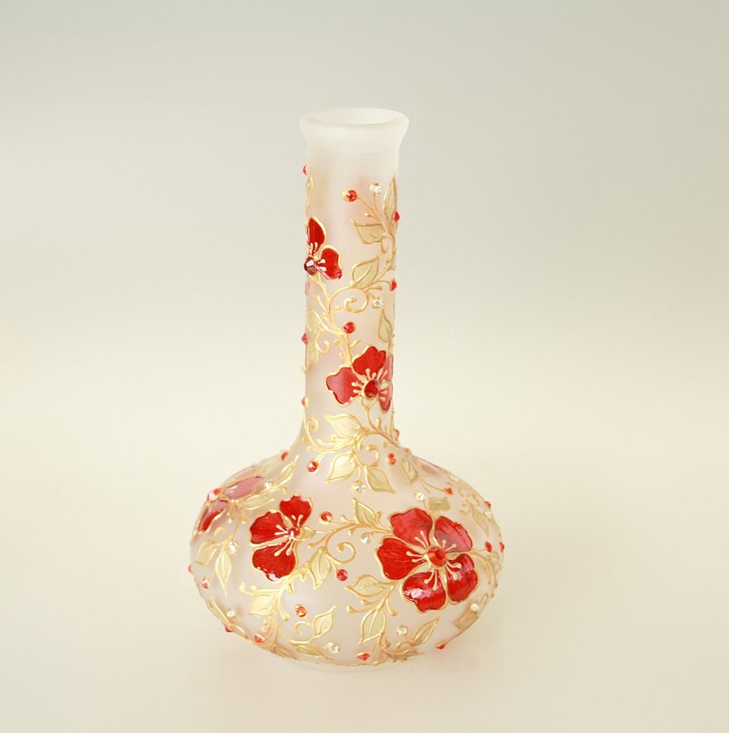 Gold Red Flowers Glass Vase, SWAROVSKI Crystals, Hand-painted - 擺飾/家飾品 - 玻璃 紅色