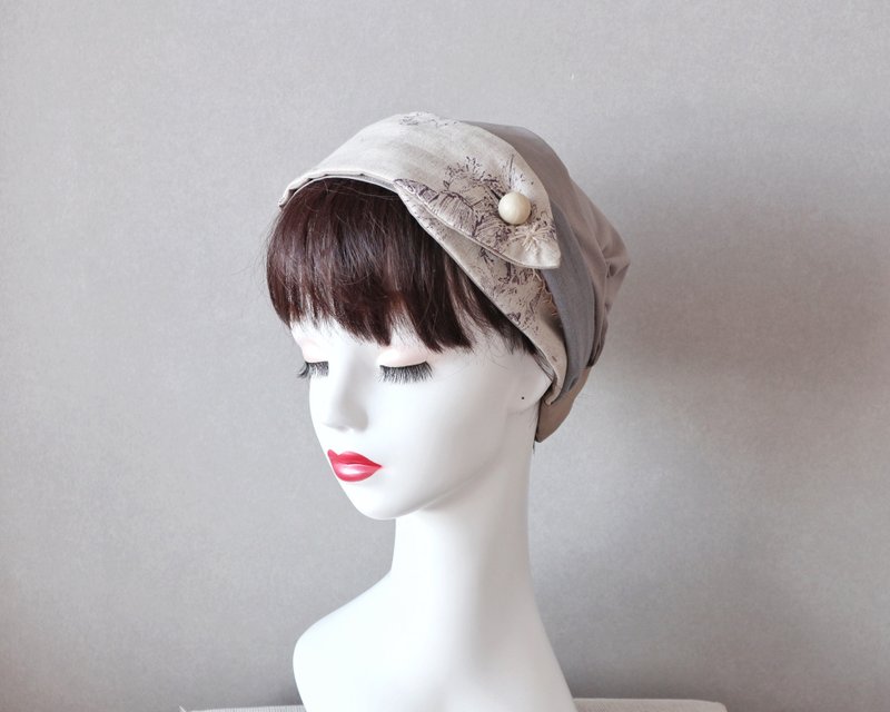 刺繍飾り・ボタン付きサッシュベルト(すみれの花柄B)とグレージュ色のヘアターバン 医療用帽子/ケア帽子 ケアキャップ - 髮圈/髮夾 - 棉．麻 紫色