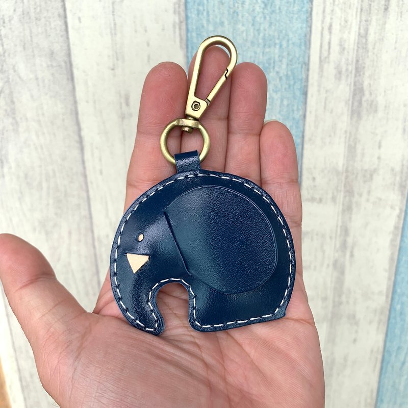 Handmade leather dark blue cute elephant hand-stitched leather keychain small size - Keychains - Genuine Leather Blue