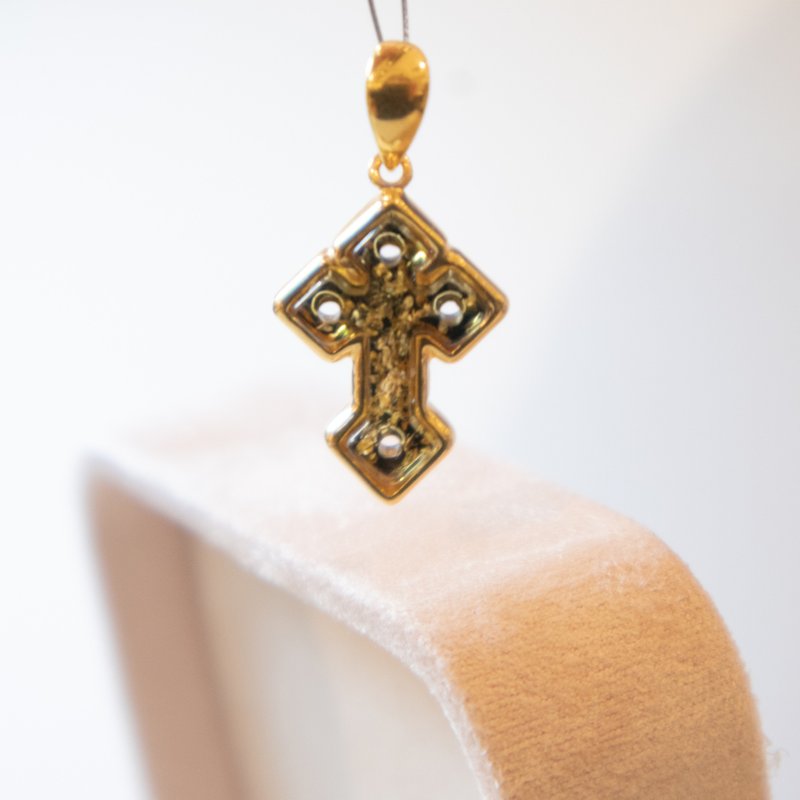 925 silver AMBER cross pendant necklace - สร้อยคอ - เครื่องเพชรพลอย สีทอง