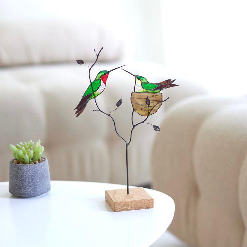 Stained glass Hummingbird suncatcher on a wooden stand, modern home decor - Items for Display - Glass Green