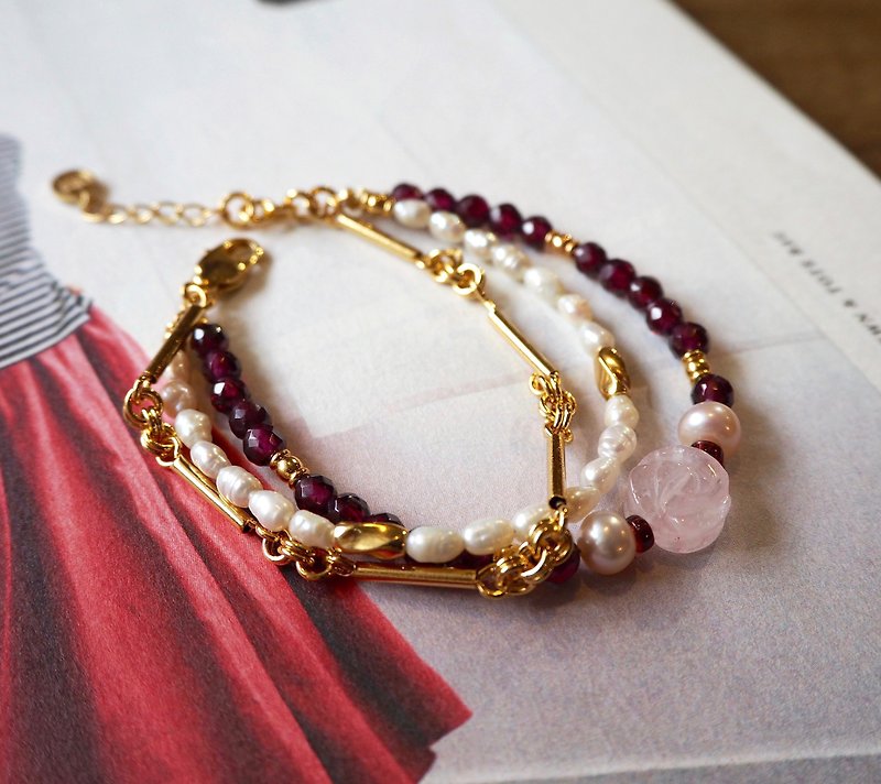 BEAUTY ROSE multilevel bracelet <Pomegranate / quartz powder / Pearl> Adjustable - Bracelets - Gemstone 