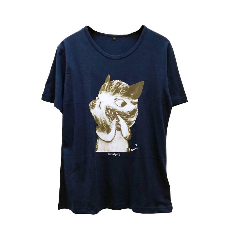 emmaAparty illustrator T: Folding finger cat (wide version limited edition) - เสื้อฮู้ด - ผ้าฝ้าย/ผ้าลินิน สีน้ำเงิน