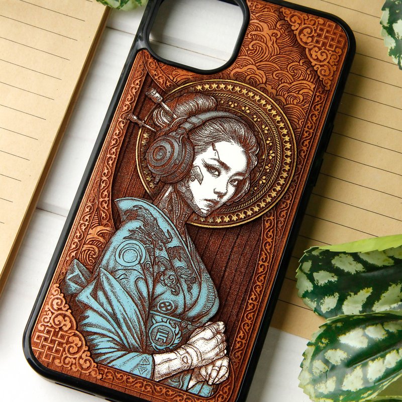 Cyber Geisha -  Phone case wood laser engraved + hand painting - 手機殼/手機套 - 木頭 咖啡色