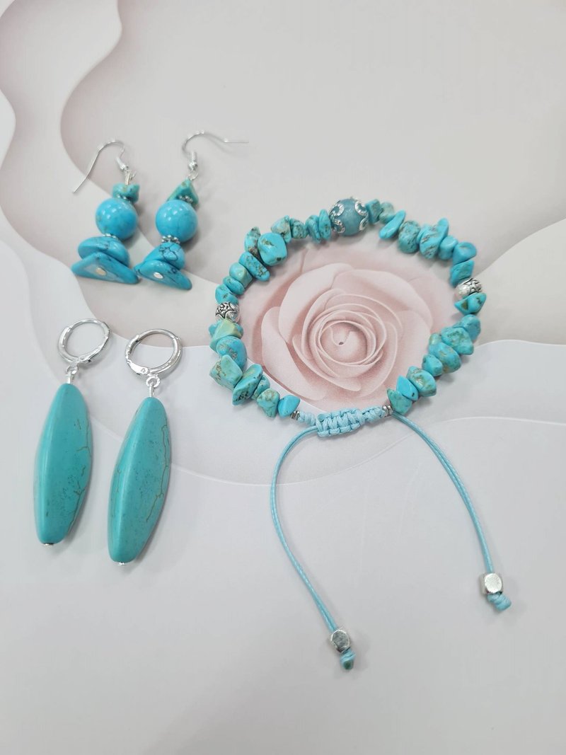 1 Turquoise Lucky Stone Bracelet + 2 Pairs of Earrings Set - 耳環/耳夾/耳骨夾 - 石頭 藍色