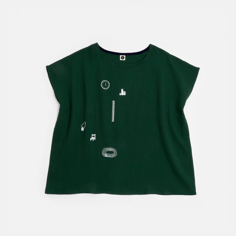 Primary School Printed Sleeve Top-Dark Green - เสื้อยืดผู้หญิง - ผ้าฝ้าย/ผ้าลินิน สีเขียว