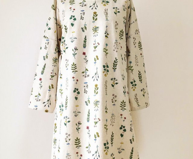 Plant Specimen Long Sleeve One Piece Dress Botanical Floral Pattern Cotton Linen Produced Color Shop Loosey Goosey One Piece Dresses Pinkoi